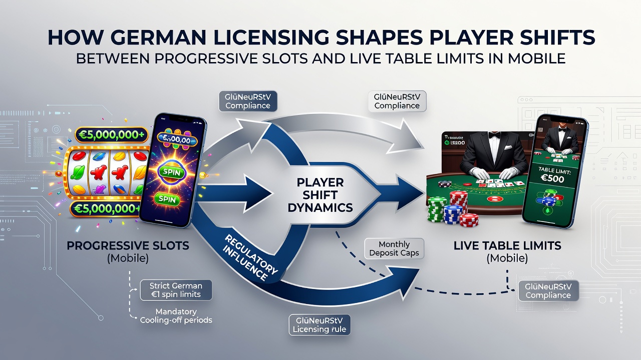 Mobile Benutzeroberfläche zeigt Wechsel von progressiven Slots zu Live-Tischen mit Lizenzindikatoren