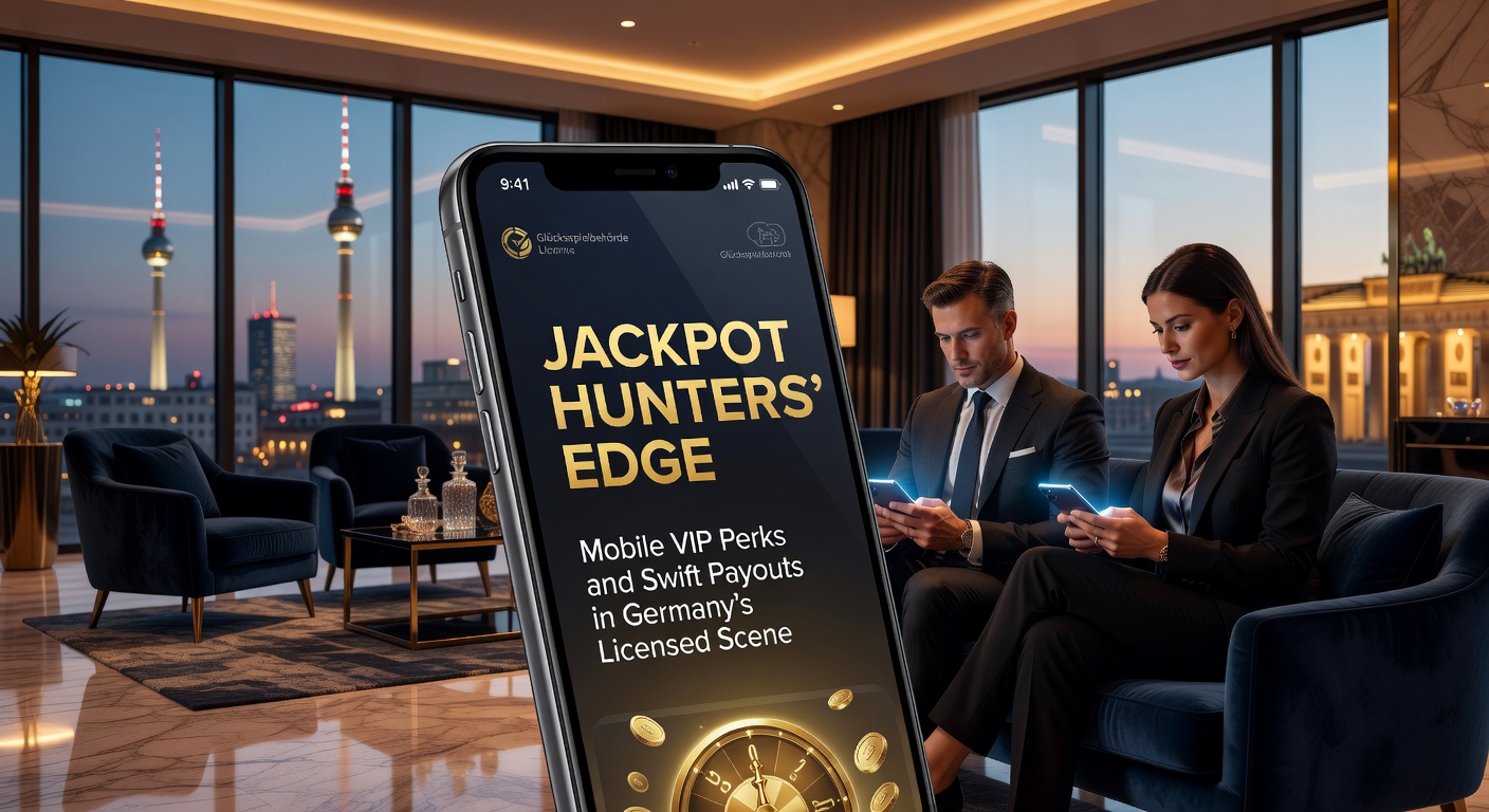Jackpot-Jäger genießen mobile VIP-Vorteile in einem lizenzierten deutschen Online-Casino, mit Smartphone in der Hand und progressiven Slots im Hintergrund
