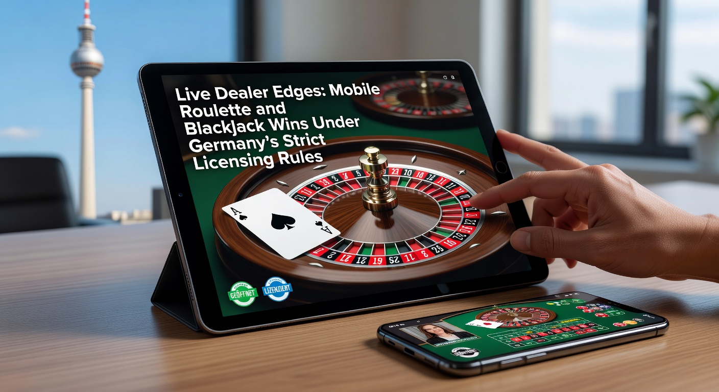 Live-Dealer-Tisch mit Roulette-Rad auf einem Smartphone-Bildschirm, umgeben von deutschen Lizenzsymbole