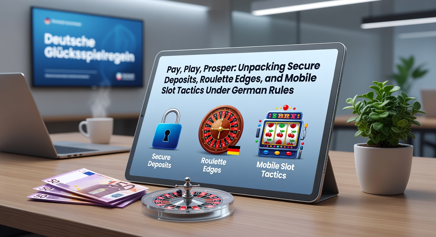 Grafik mit sicheren Einzahlungsmethoden, Roulette-Tisch und Mobile-Slot-Symbolen unter deutscher Flagge, die Pay, Play, Prosper-Konzepte visualisiert