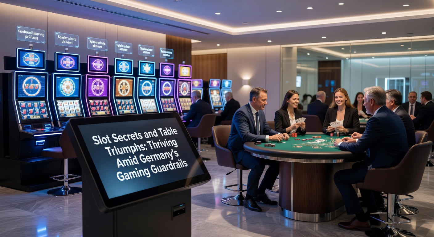 Leuchtende Slot-Maschinen und elegante Tischspiele in einem modernen Casino-Ambiente, umgeben von regulatorischen Symbolen wie Schlüsseln und Gittern