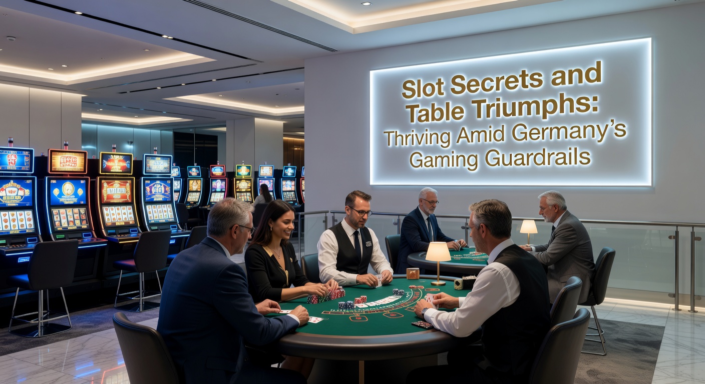 Nahaufnahme eines Roulette-Tisches mit Chips und einem Slot-Bildschirm im Hintergrund, beleuchtet von neonfarbenen Lichtern in einem deutschen Online-Casino-Setting