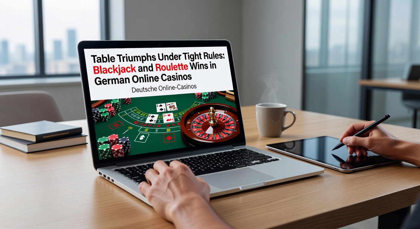 Nahaufnahme eines Blackjack-Deals mit Strategietafel und Roulette-Rad im Hintergrund, symbolisierend Erfolge in regulierten Online-Umgebungen