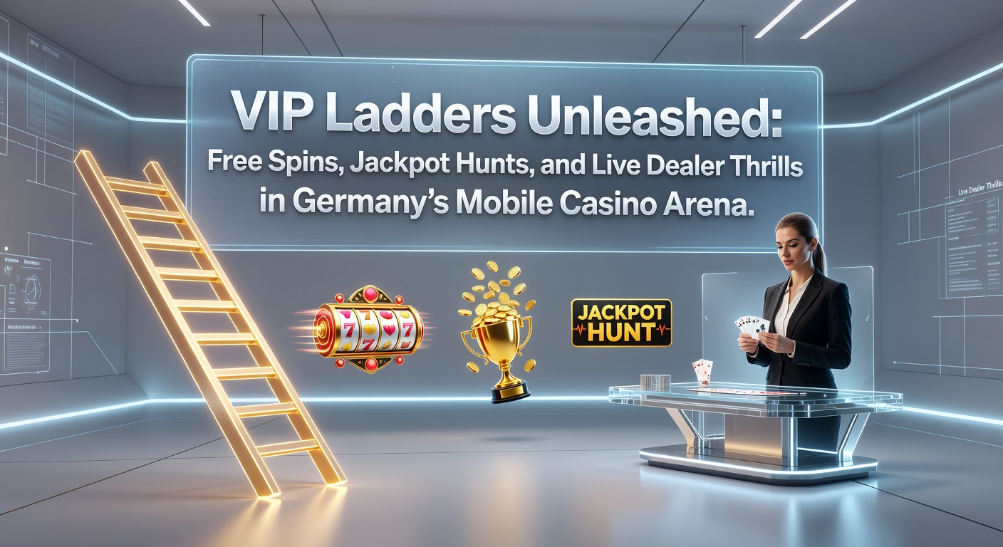 Smartphone mit leuchtender VIP-Leiter-App, umgeben von Jackpot-Symbolen und Live-Dealer-Tischen in einer dynamischen mobilen Casino-Umgebung